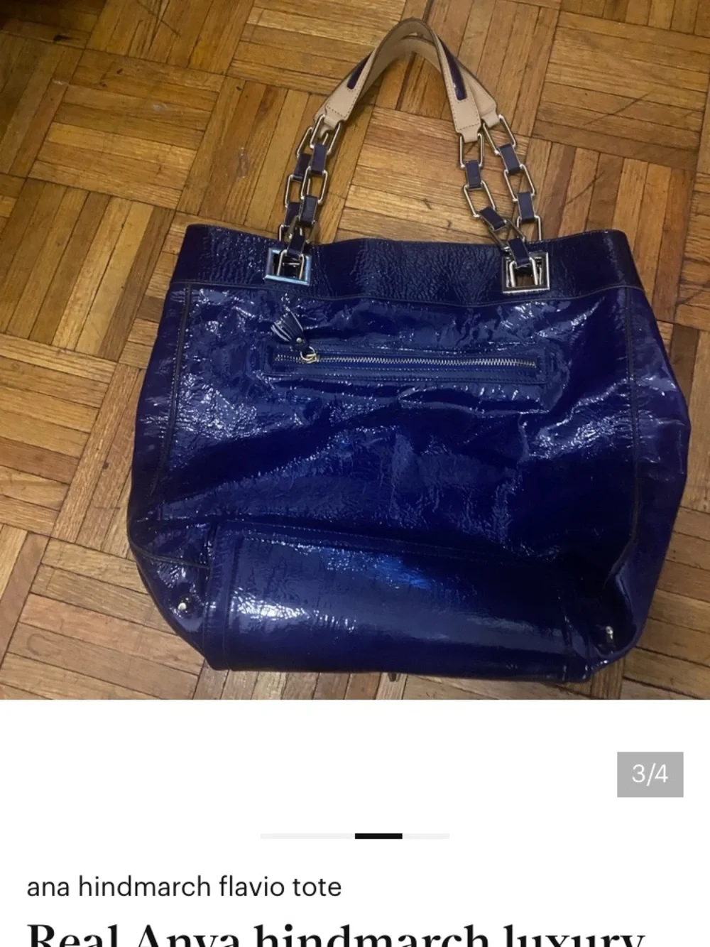 Anya Hindmarch Patent Navy Tote with Tan Chain-Accent Handles